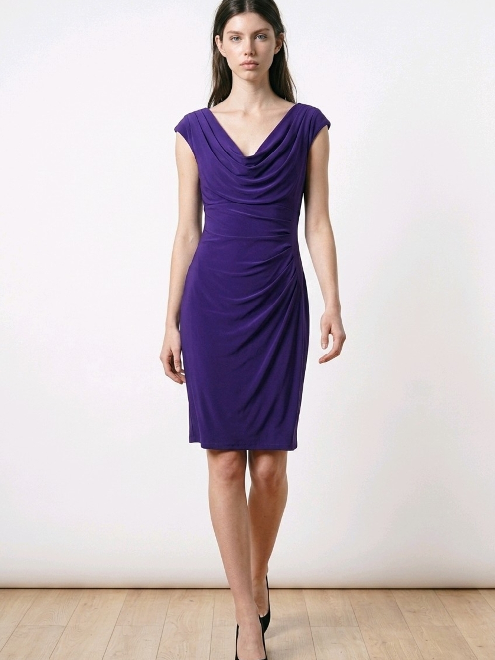 Draped V-Neck Midi Dress in Purple ptp18" / waist 23"